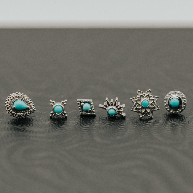 BVLA Genuine Turquoise Collection in 14k White Gold, Pear Afghan, Mini Kandy, Diamond Harlequin, Sunray, Sol and ?