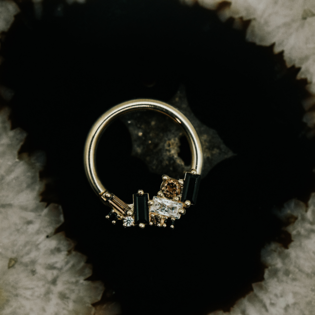 BVLA Myriad with Faceted Onyx, Smoky Quartz and White CZ in 14k Yellow Gold