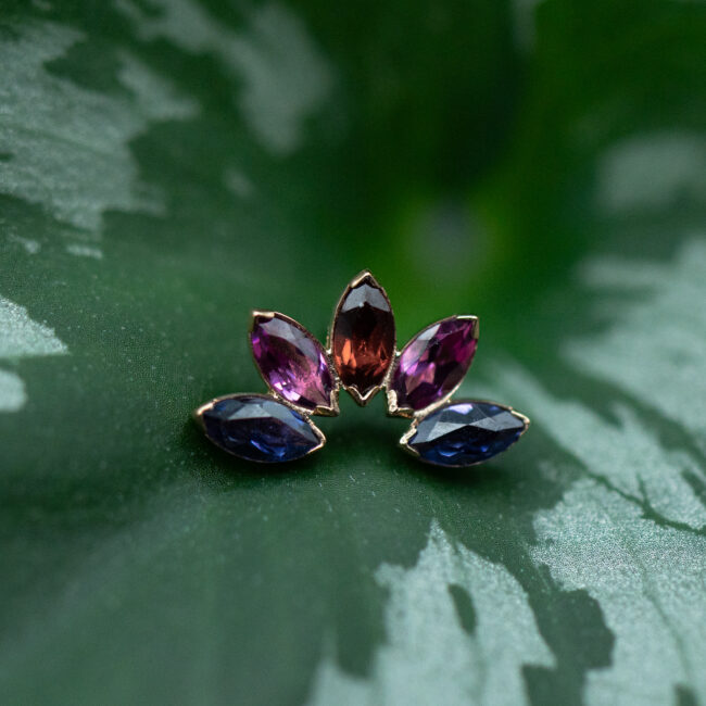 Anatometal Marquise Fan with Iolite, Pink Sapphire and Ruby in 18k Yellow Gold